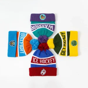 OEM Design Winter Warm Beanie Custom Embroidery Football Team Jacquard Knitted Sports Pom Pom Hats Beanies
