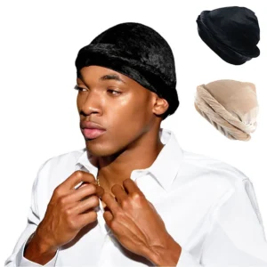 Custom Logo Satin Silk Lined Pleuche Velvet Pre-Tied Halo Twisted Men Turban Head Wrap Durag for Men