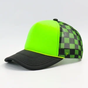 Plaid Neon Green Color Block Two Tone Mid Profile 5 Panel Foam Checkered Mesh Back Rope Blank Trucker Hat