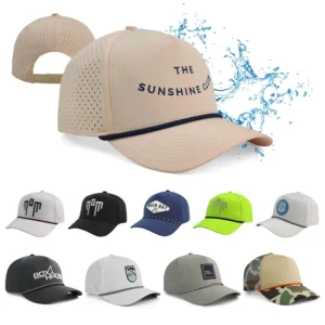 HN10 Manufacturer 5 Panel Waterproof Polyester Golf Sport Rope Hat Two Tone Laser Cut Hole Curved Veracap Baseball Cap