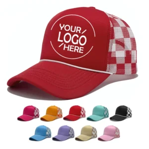 Custom Wholesale Red Checkerboard Trucker Hat – Mesh Cap