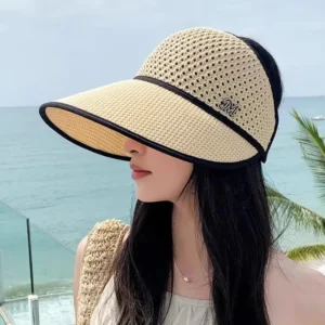 Soft Foldable Sun Hat for Hiking Beach UV Protection Wide Brim Mesh Visor Straw Hat with Adjustable Strap