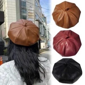 Fashion PU Leather Beret Ladies Vintage Newsboy Cap Leisure Painter Leather Beret for Women