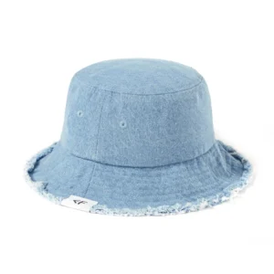 Vintage Distressed Custom Logo Woven Label Denim Frayed Brim Bucket Hat Casual Fishman Cap