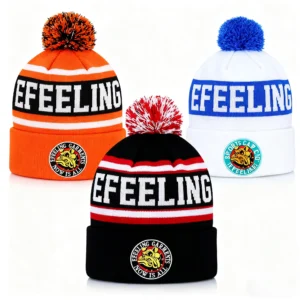 Custom Logo Winter Beanie Handmade Knitted Bobble Hat Cuffed Pom Pom 100% Acrylic Y2K Style Beach Casual Knit Hat for Adults