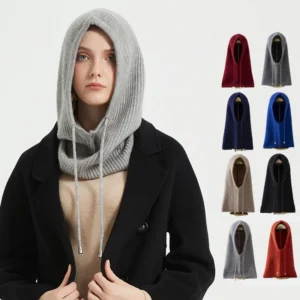 High Quality Winter Warm Windproof Ribbed Hood Alpaca Wool Hoodie Balaclava Knitted Hat With Drawstring