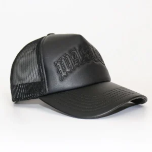 HN0001 Wholesale Curved Brim Men Woman 5 Panel Black PU Leather Patch Logo Mesh Snap Back Veracap Baseball Cap Sport Trucker Hat