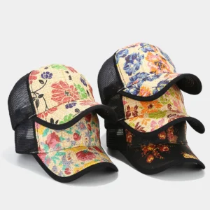 Flower Print Breathable Mesh Baseball Cap Men and Women Summer Straw Trucker Cap