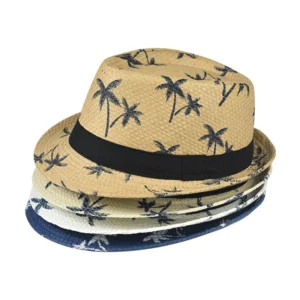 Summer Vintage Men’s Straw Fedora Hat Black Band Short Brim Leaf Print Panama Beach Sun Hat