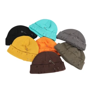 Autumn Winter Vintage Y2K Knitted Distressed Beanie with Metal Fastener Pins Digital Printing Beach & Business Style