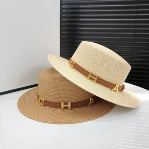 Summer Wide Brim Sun Straw Boater Hat With Belt Flat Top Panama Beach Hat for Women
