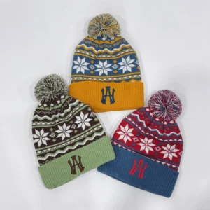 Luxury Fair Isle Pattern Jacquard Digital Printing Logo 3D Embroidery Pom Pom Beanie for Wholesale Beach & Business Use