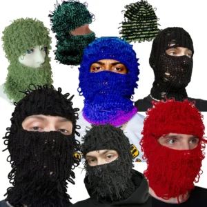 Halloween Funny Winter Fuzzy Grassy Handmade Knit Crochet Ski Mask Hooded Distressed Balaclava Skimask