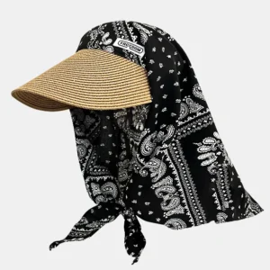 Women Shawl Head Covering Turban Hat Sun Protection Floral Cashew Sun Visor Straw Cap with Headscarf