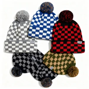 Wholesale Custom High Quality Dyed Knitted Beanie Pom Pom Checkered Gorras Unisex Winter Ski Outdoor Acrylic Cap OEM Plain Hat