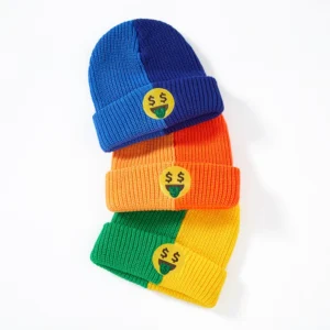 Colorful Two Tone Embroidery Patch Ribbed Cuffed Hat Beanie