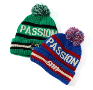 Custom Embroidery Embroidered Logo Easy Attach Acrylic Pompom Knit Beanies Hats