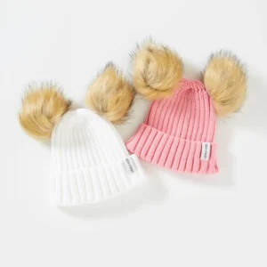 Comfortable Custom Woven Label Kids Beanie Cashmere Winter Hat With Two Fur Pom Pom
