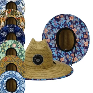 Wholesale Sun Protection UPF 50 Unisex Wide Brim Straw Hat Custom Lifeguard Surf Character Casual Natural Grass Hollow Grass