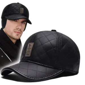 Waterproof Leather Men Winter Baseball Cap Warm Thick Bomber Hat with Earmuffs