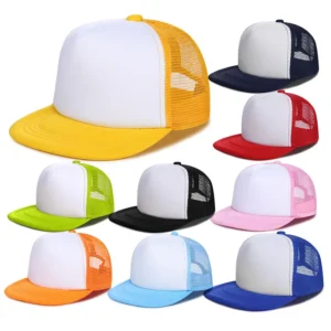 HN13 OEM 5 Panel Recycled Pink Screen Puff Print Men Plain Custom Logo High Profile Flat Brim Snapback Trucker Hat Blank Cap