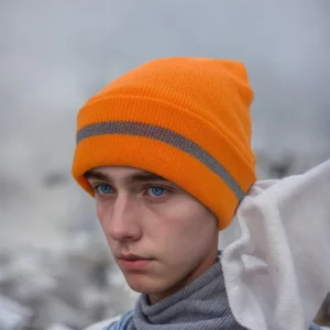 Wholesale High Visibility Neon Orange Work Beanie Windproof Reflective Knit Hats With Safety Stripes for Construction Running