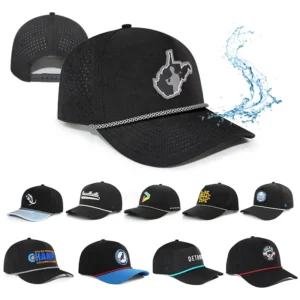 HN10 Custom 5 Panel Golf Dad Hat Veracap Rubber Pvc Logo Rope Baseball Cap Waterproof Laser Cut Hole Perforated Black Cap