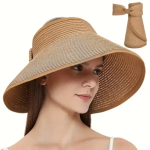 Summer Roll up Foldable  Sun Visors Hat for Women Wide Brim Straw Bowknot Packgable  Beach Visor Hats With Bow