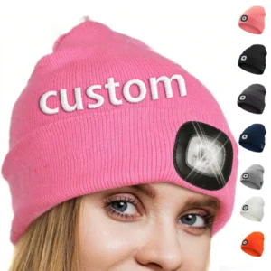 Custom Logo Camouflage Pattern Unisex LED Headlamp Beanie Puff USB Rechargeable Light Plush Winter Cap