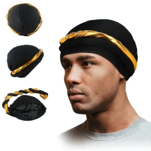 Silk Satin Lined Pre-Tied Halo Twisted Golden Braid Men Turban Durag Head Wrap Skull Wave Cap for Men