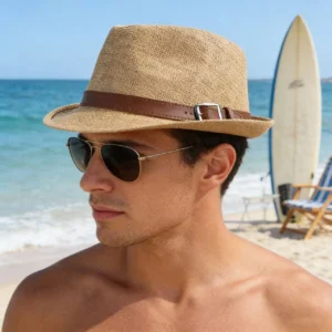 Straw Fedora Hat With Belt Classic Panama Trilby Hats Short Brim Sun Hat for Men Women