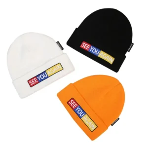 Warm Thick Heavy Cotton Polyester Beanie Hat Digital Printing Custom Embroidery Patch for Beach Business Use Character Design