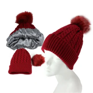 Blank Knit Hat Satin Lined Winter Beanie Women's Pompom Cap