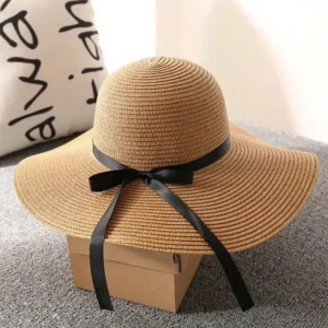 New Women's Big Brim Sun Hat Floppy Foldable Bowknot Straw Hat Summer Beach Hat