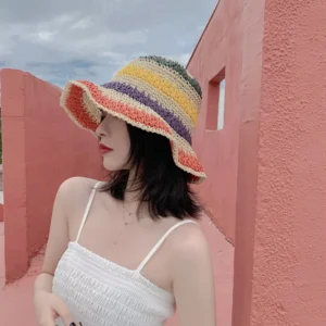 Summer Women Straw Bucket Hat Rainbow Crochet Panama Hat Female Sun Beach Basin Cap Foldable