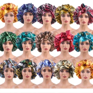 African Print Women’s Double Layer Reversible Silk Satin Bonnets with Head Wrap