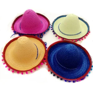 Summer Kids Mexican Sombrero Party Festive Party Spanish Pompom Straw Hat With Fixed Rope