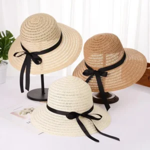 Panama Hat Women Summer Beach Straw Bowknot Flat Brim