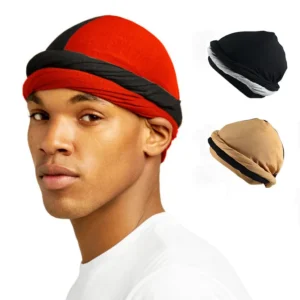 Color Block Contrast Skull Wave Cap Pre-Tied Halo Twisted Men Turban Durag Head Wrap Hat With Satin Lining