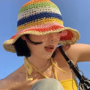 Korea Summer Sunshade Beach Sunscreen Weaving Floppy Fisherman's Cap Rainbow Handmade Straw Bucket Hat