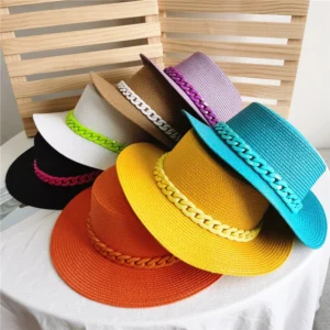 Summer Women Straw Boater Hat Fedora Panama Style Flat Top Sun Straw Hat With Chain