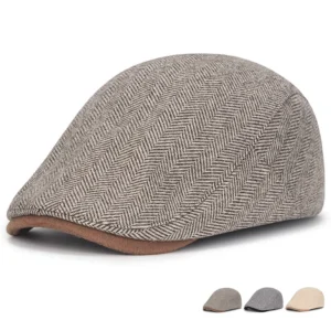 Men Women Herringbone Tweed Newsboy Cap Woolen Polyester Winter Autumn Stripe Flat Ivy Cabbie Driving Flat Hat Beret