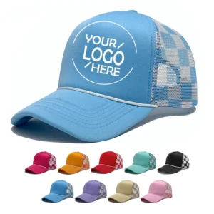 Blue Checkerboard Trucker Hat Casual Outdoor Sports Mesh Cap Custom Embroidery Mesh Premium Rope Foam Trucker Hat Caps