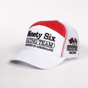 Custom Men’s High Quality 7 Panel Curved Brim Mesh White Cotton Twill Motorsport Trucker Hat with 3D Embroidery Logo