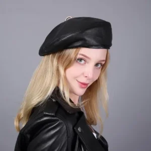 Women Pu Leather Beret Hat French Style Painter Hat Cap With Ring